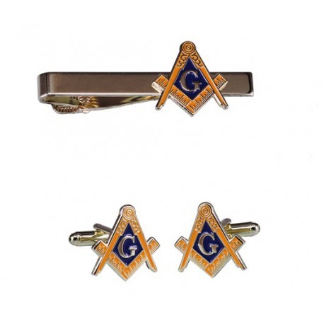 Set masonic Ac pentru Cravata si Butoni -  Echer si Compas cu Litera G MM943